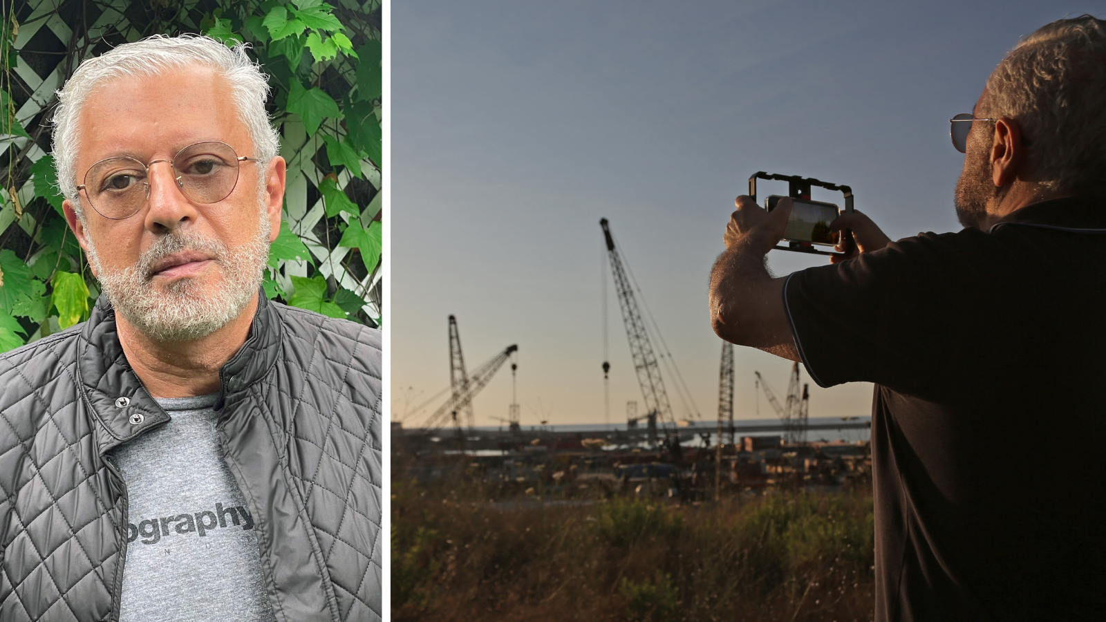 Collage of a portrait of Ian and a photo of him recording a scene in Beirut