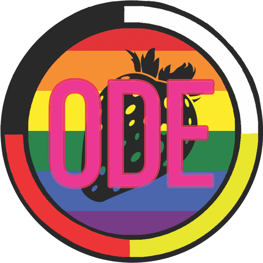 ODE logo with the medicine wheel colours, rainbow flag colours, and a strawberry.