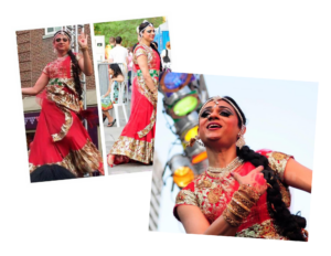 Photo collage of Sush at World Pride 2014. She is wearing a red Indian ghagra choli and performing.