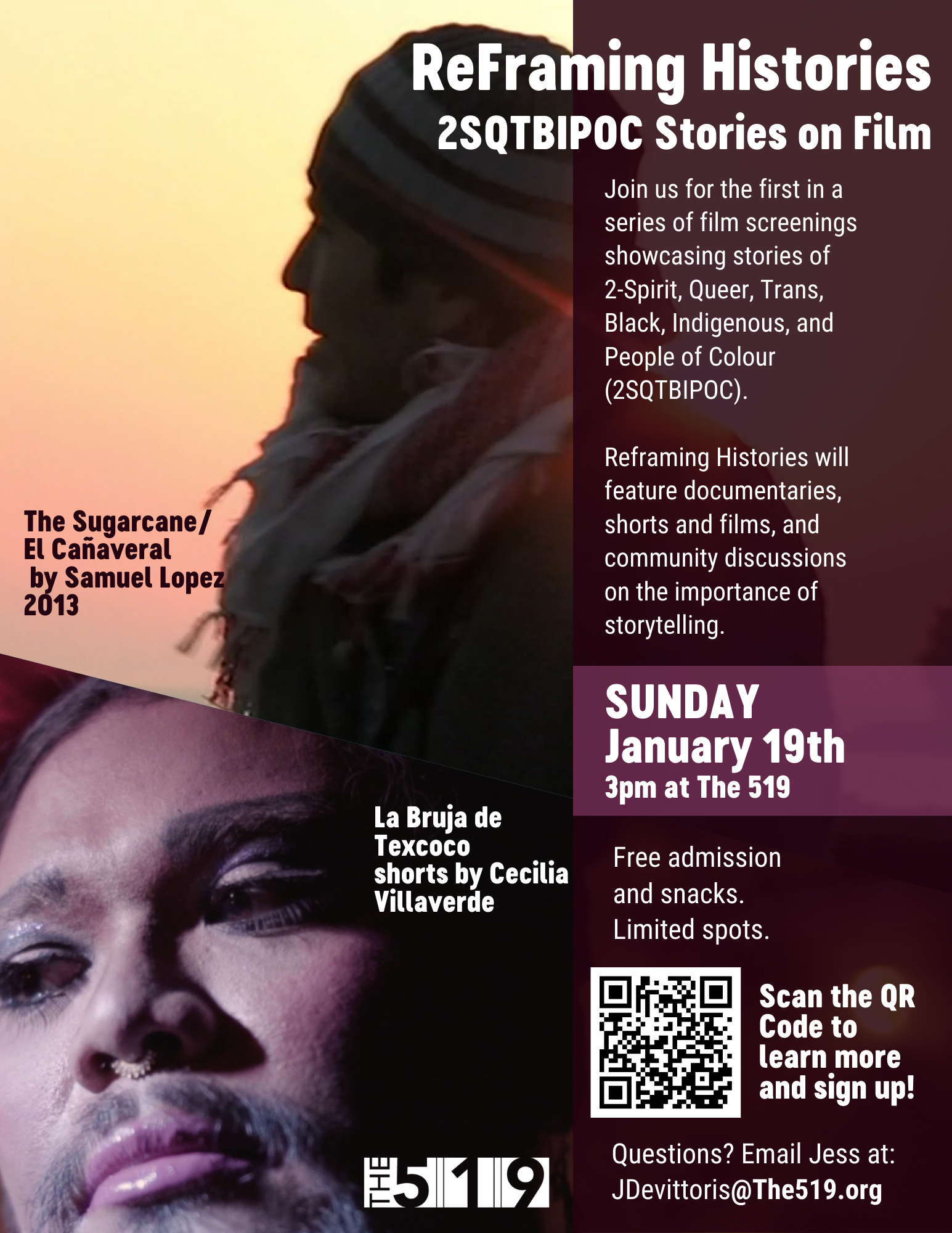 Movie flyer for the screening from January 19th of ReFraming Histories, featuring El Canaveral by Samuel Lopez and La Bruja de Texcoco by Cecilia Villaverde.
