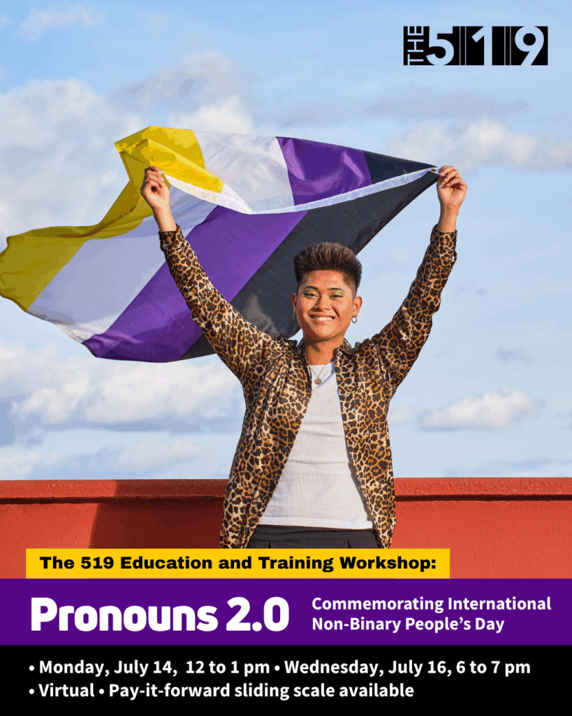 A person with their hands raised holding the non-binary flag while smiling. Text at the bottom reads " The 519 education and training workshop: Pronouns 2.0.