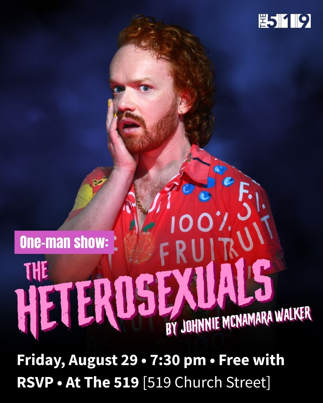 Johnnie is wearing a bright red shirt with one hand holding his face and looking surprised.