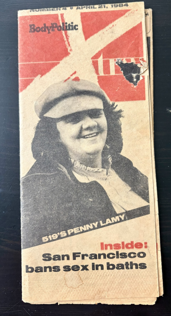 The April 21, 1984 edition of the Body Politic, featuring an interview with Penny.
